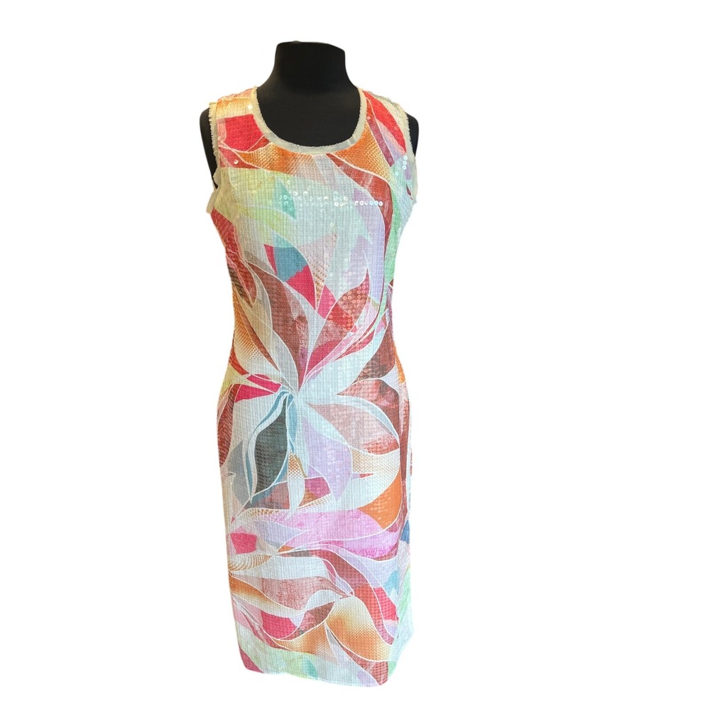 CIEBON Women Abstract Floral Sequin Midi Dress Cream Multi Size M NWT